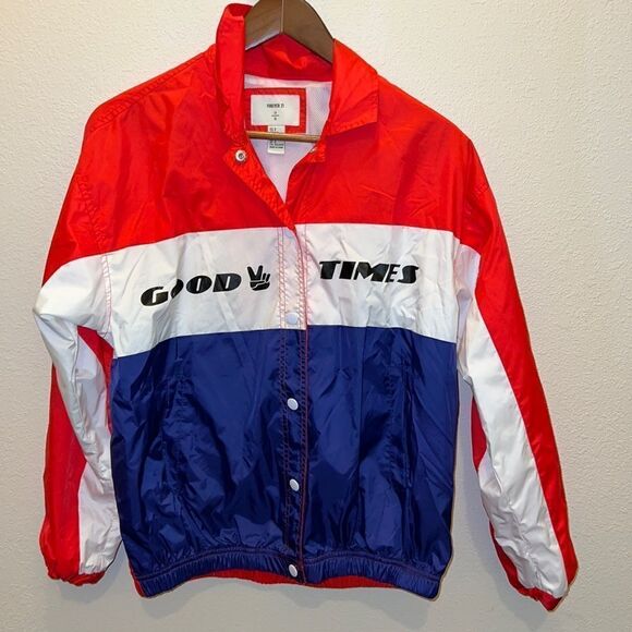 Forever 21 Jacket Women Small Red Good Times Windbreaker Snap Front Bomber - Picture 1 of 9